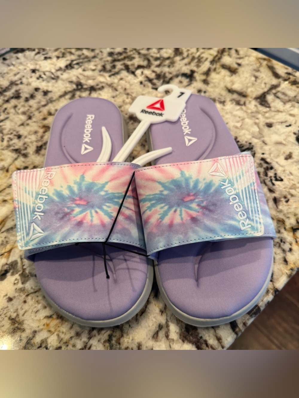 Reebok Lavender Slides with Pastel Tie-Dye Strap